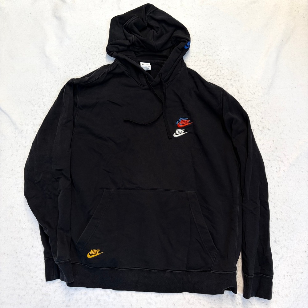 Nike Hoodie Mens XXL Black Multi Logo Pullover Fleece Hooded Sweatshirt